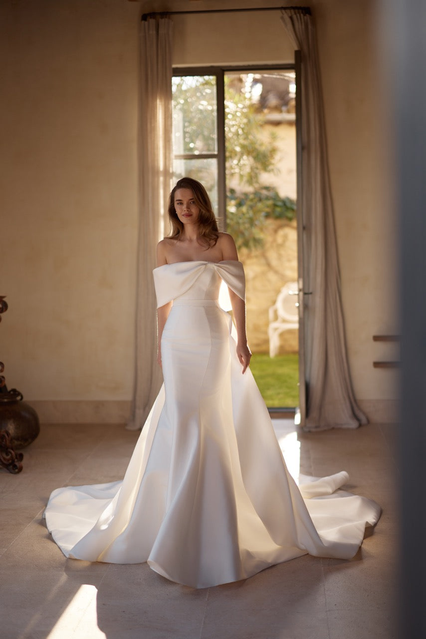 Daphne Off-Shoulder Satin Mermaid Wedding Dress with Train
