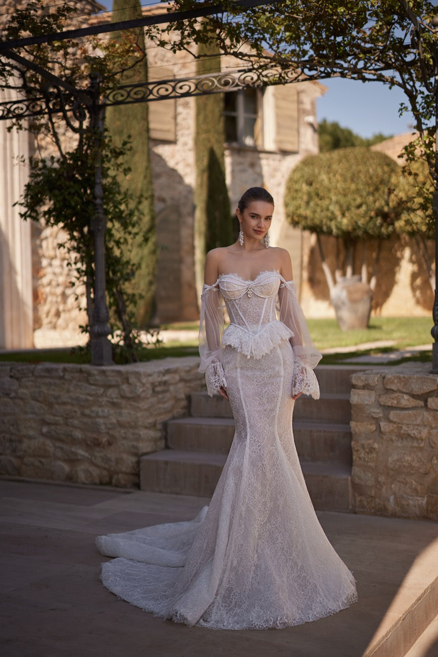 Desiree Lace Mermaid Wedding Dress with Corset and Sheer Sleeves