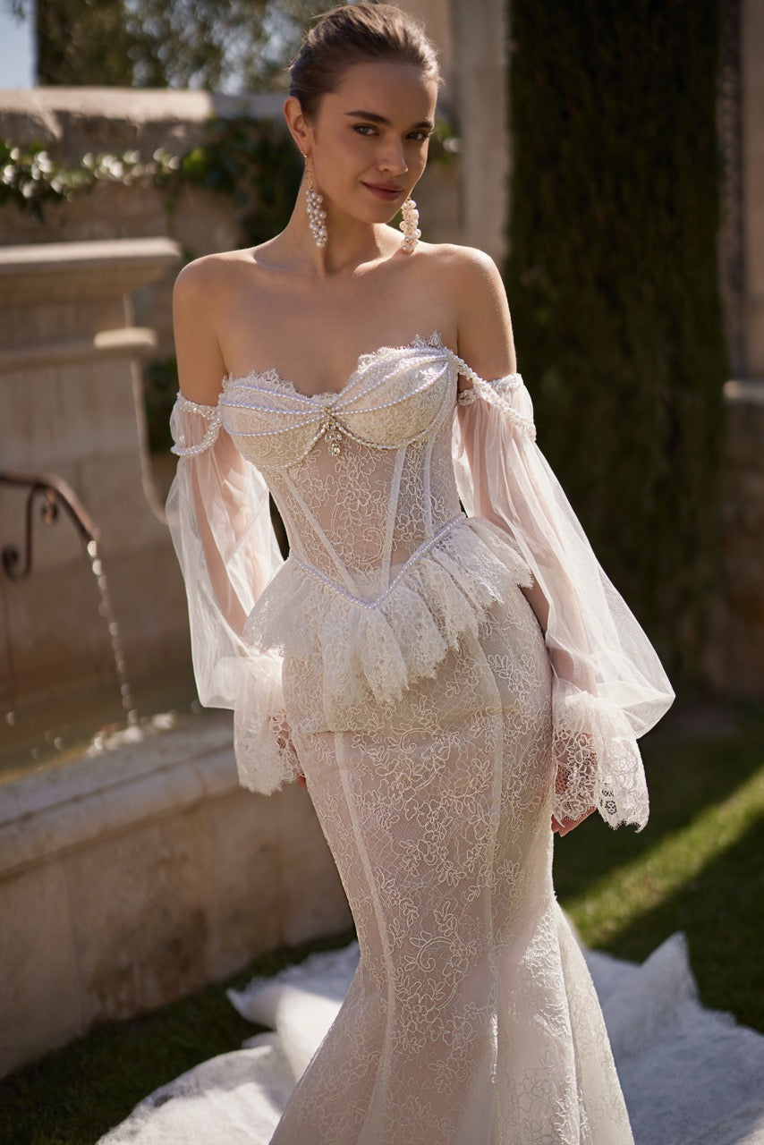 Desiree Lace Mermaid Wedding Dress with Corset and Sheer Sleeves