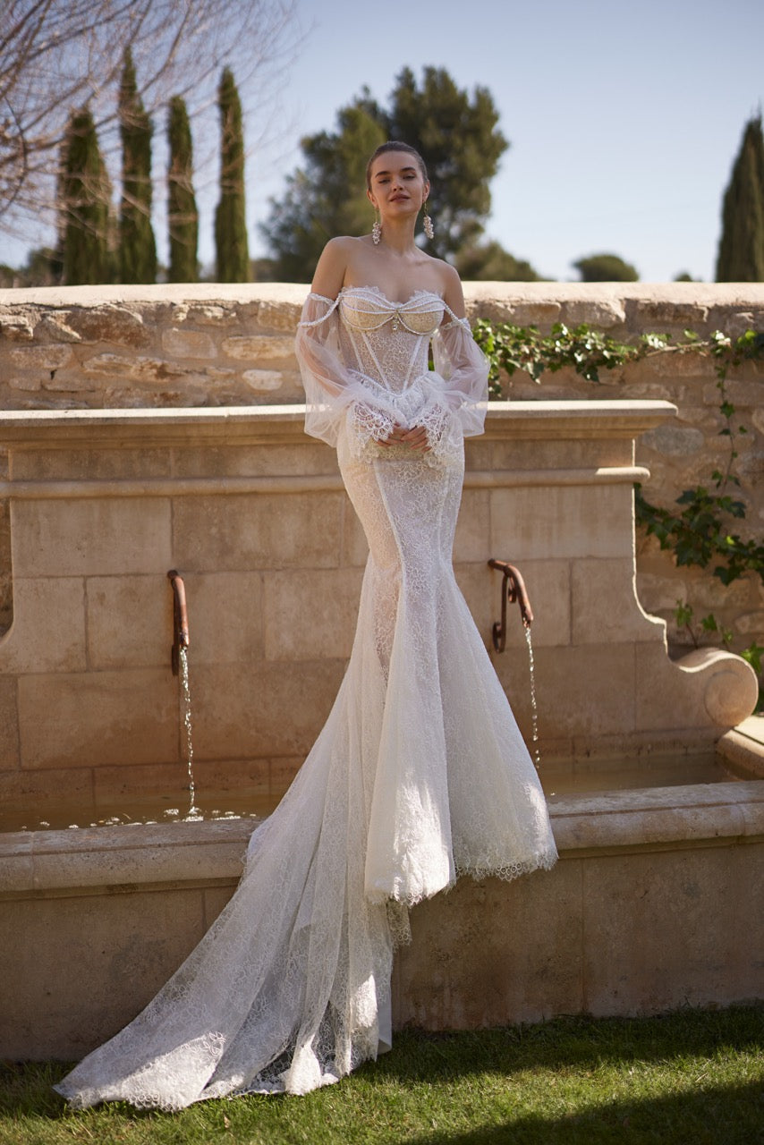 Desiree Lace Mermaid Wedding Dress with Corset and Sheer Sleeves