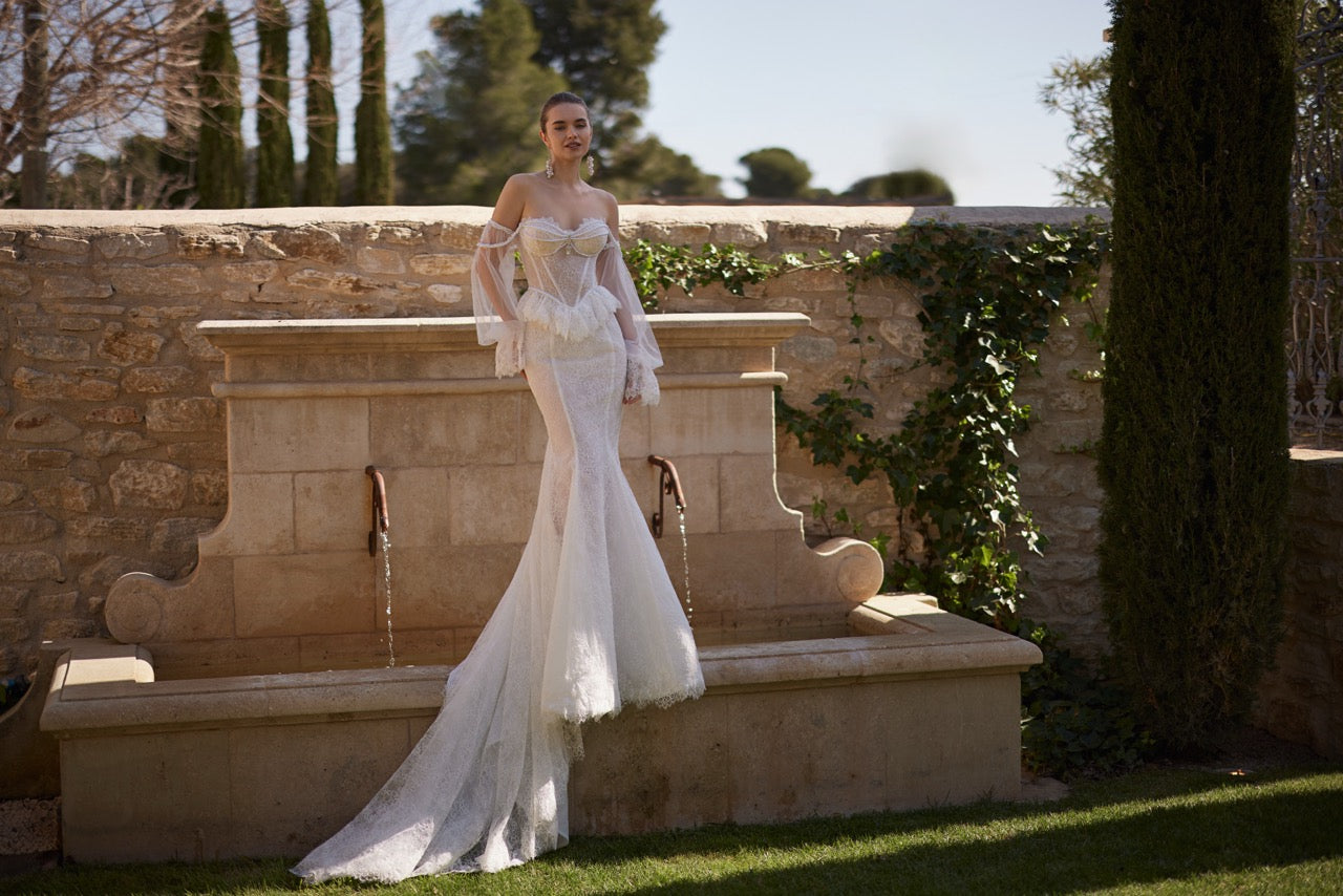 Desiree Lace Mermaid Wedding Dress with Corset and Sheer Sleeves