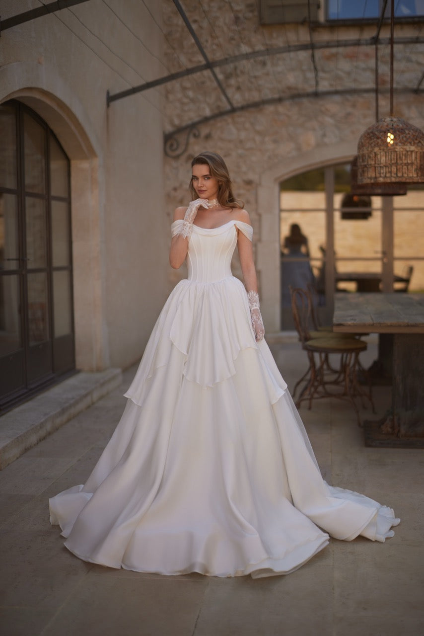 Divina Off-Shoulder Satin Ball Gown Wedding Dress with Corset