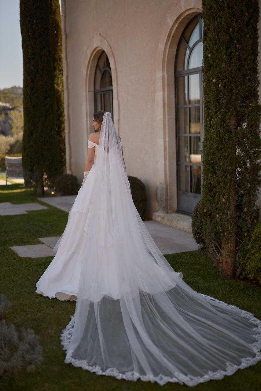 Divina Off-Shoulder Satin Ball Gown Wedding Dress with Corset