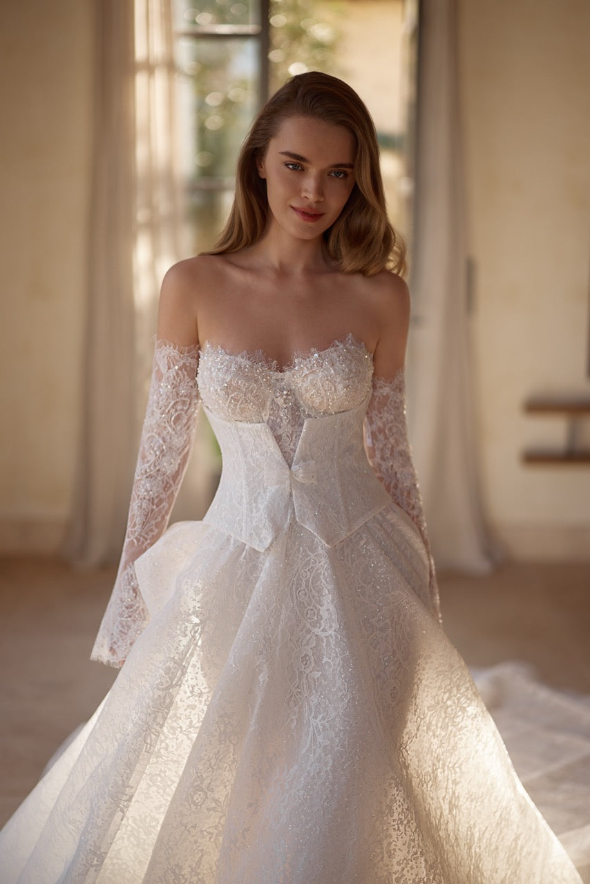 Eden Sparkling Lace Ball Gown Wedding Dress with Corset and Long Sleeves
