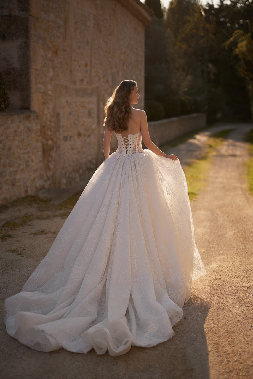 Era Strapless Lace Ball Gown Wedding Dress with Corset Bodice