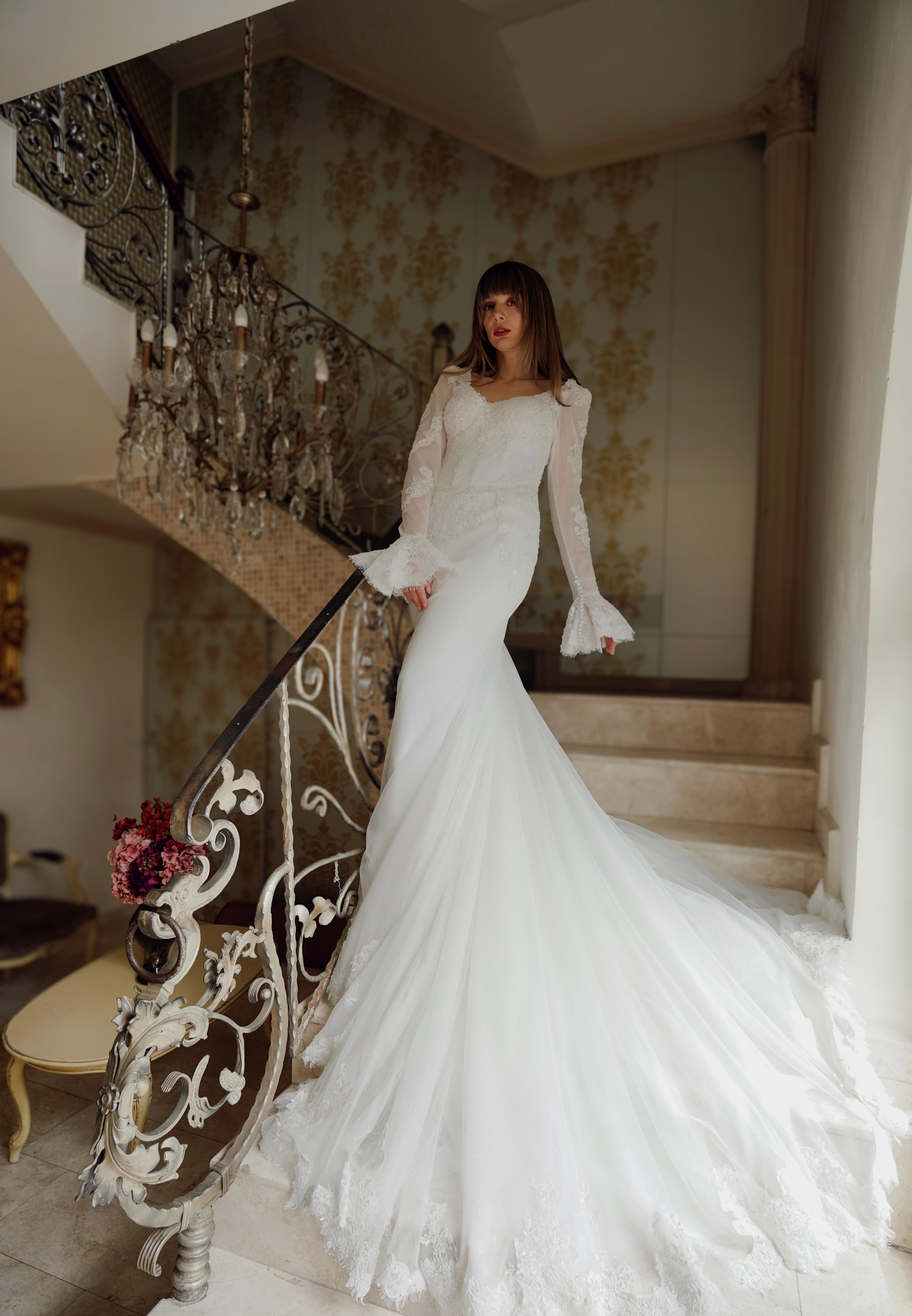 Rochie de mireasa sirena eleganta din dantela Chantilly