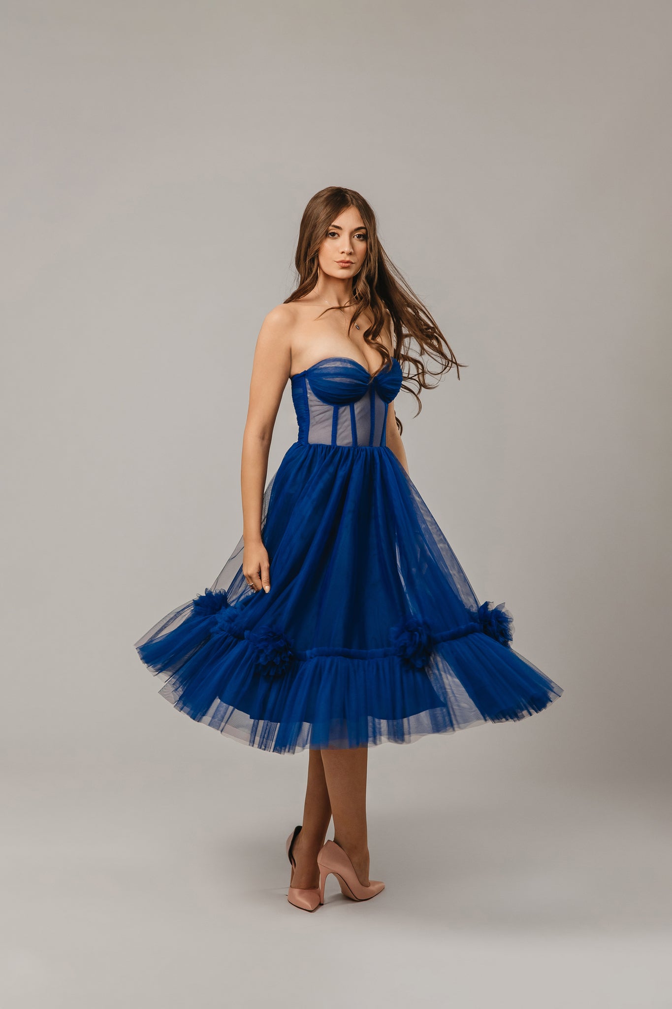 Electric Blue Midi Dress with 3D Flowers