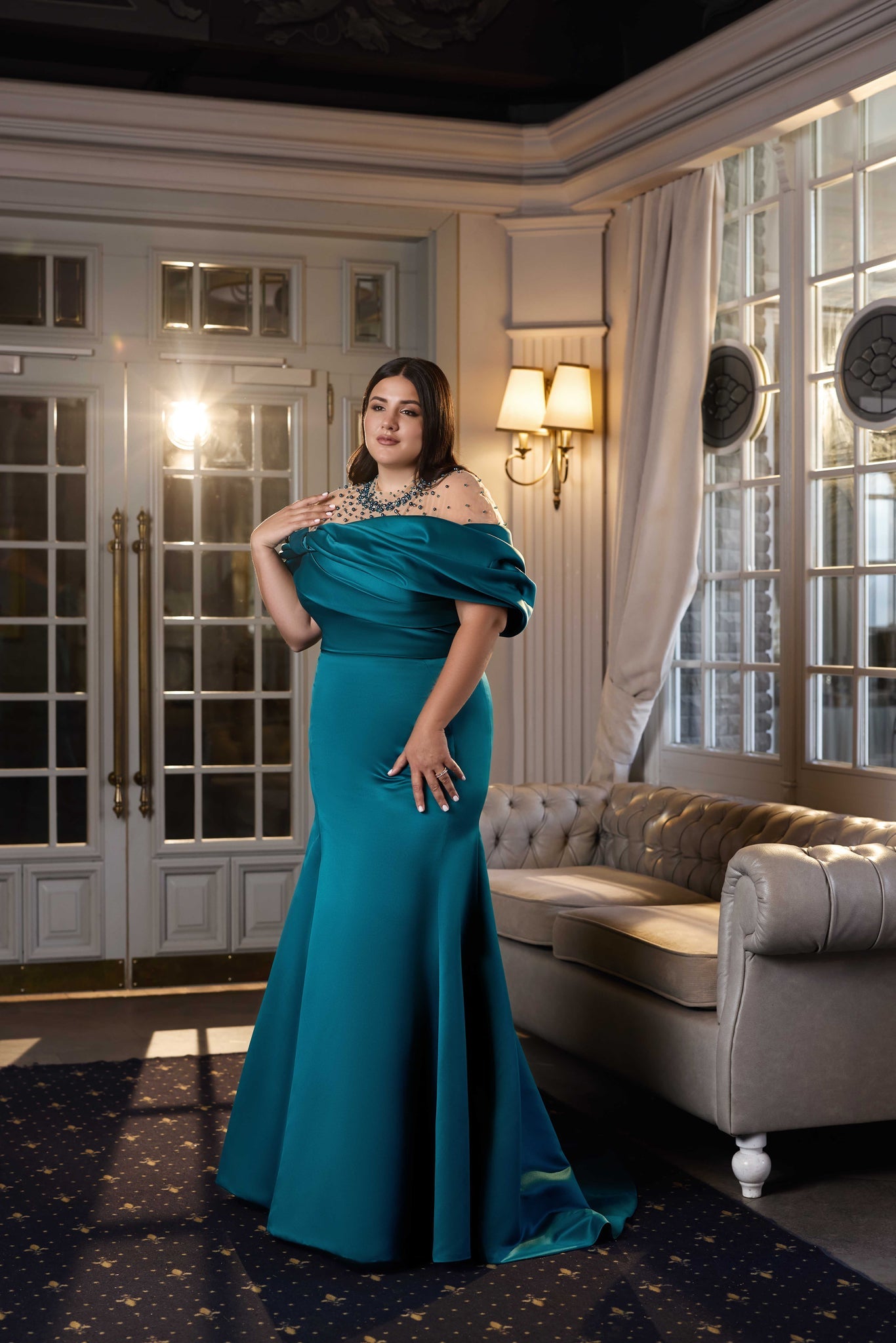 Evening Dress with Embellishments on the Décolletage