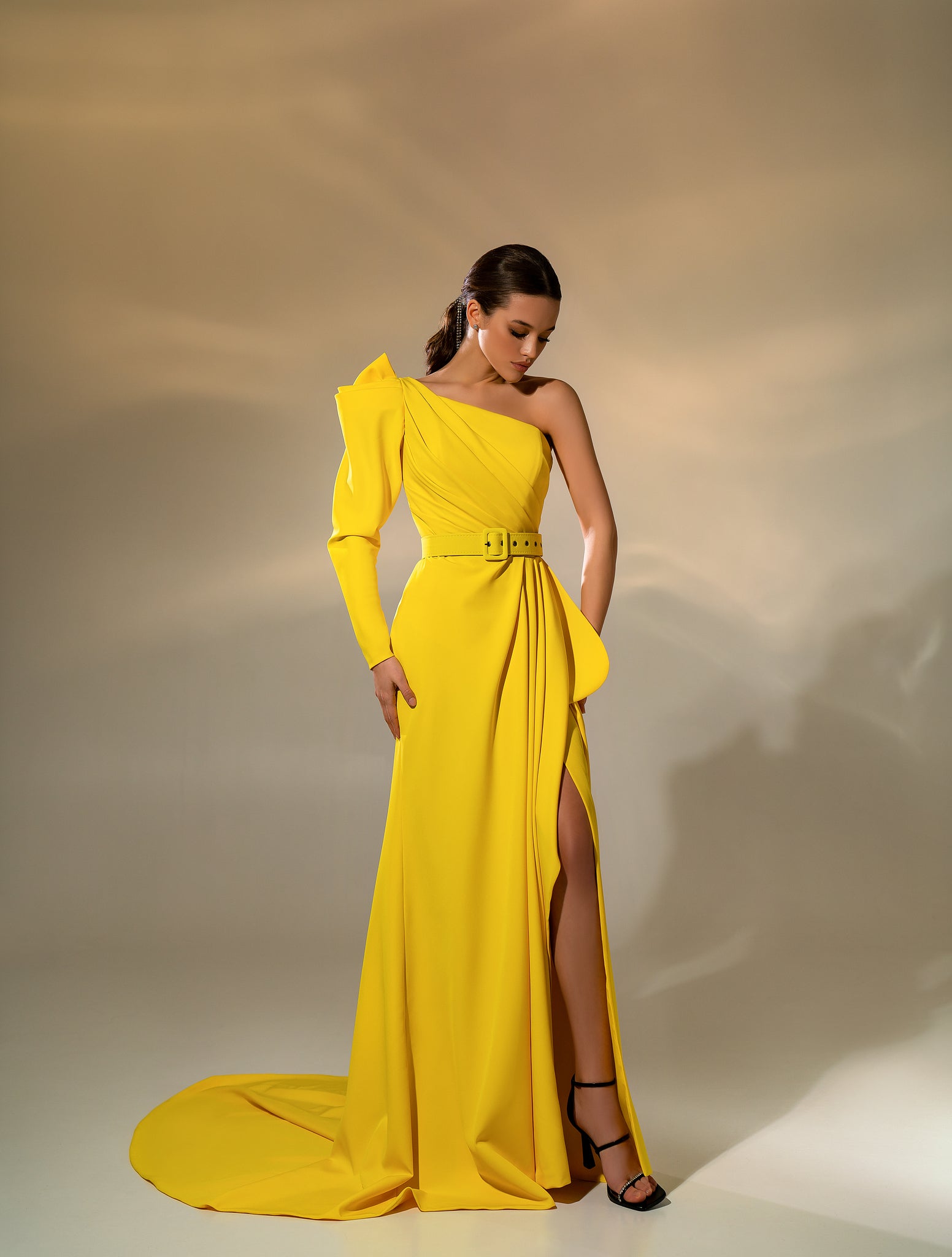Evening Dress with Slit Stretch Crepe