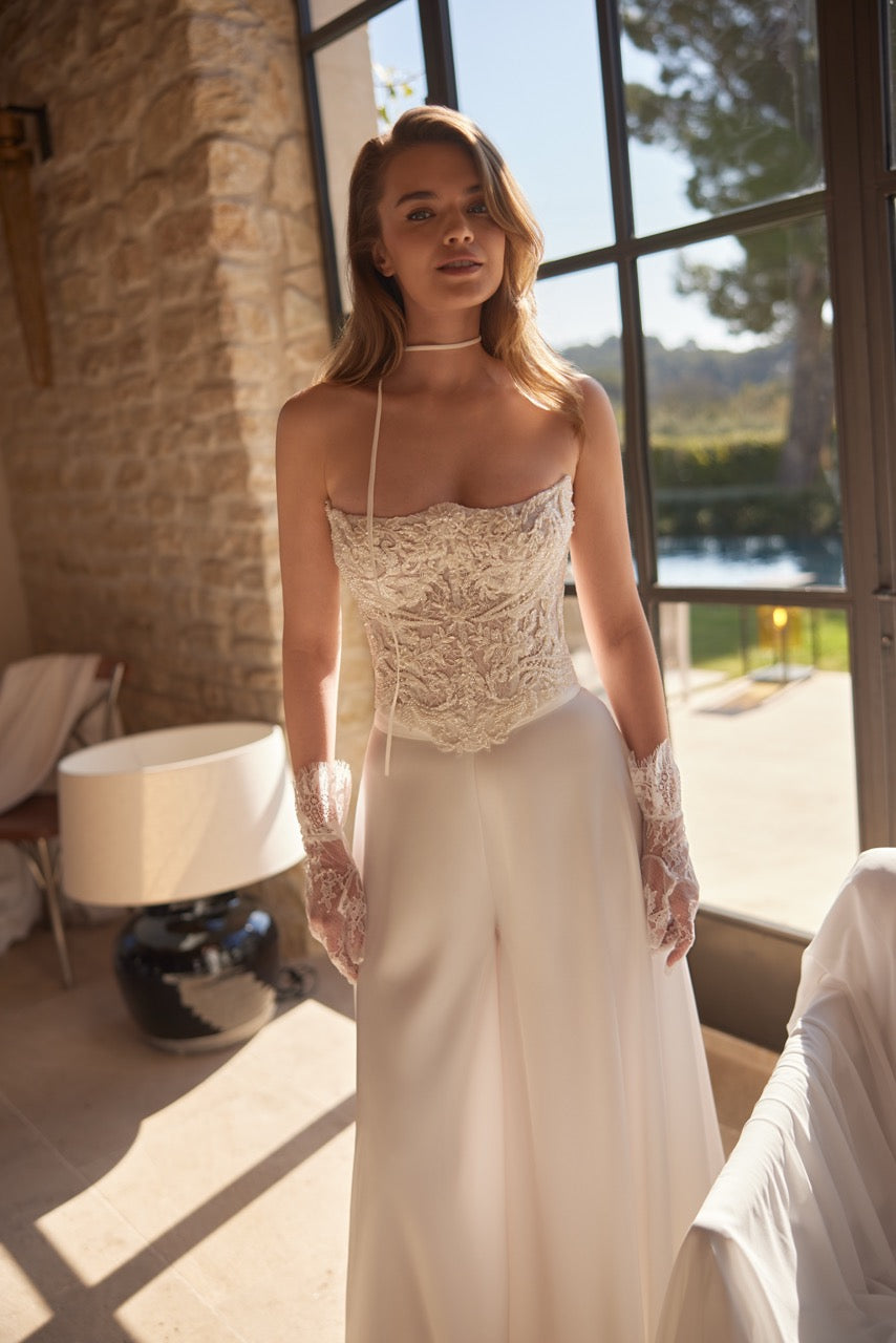 Lace Corset Bridal Jumpsuit with Wide-Leg Trousers