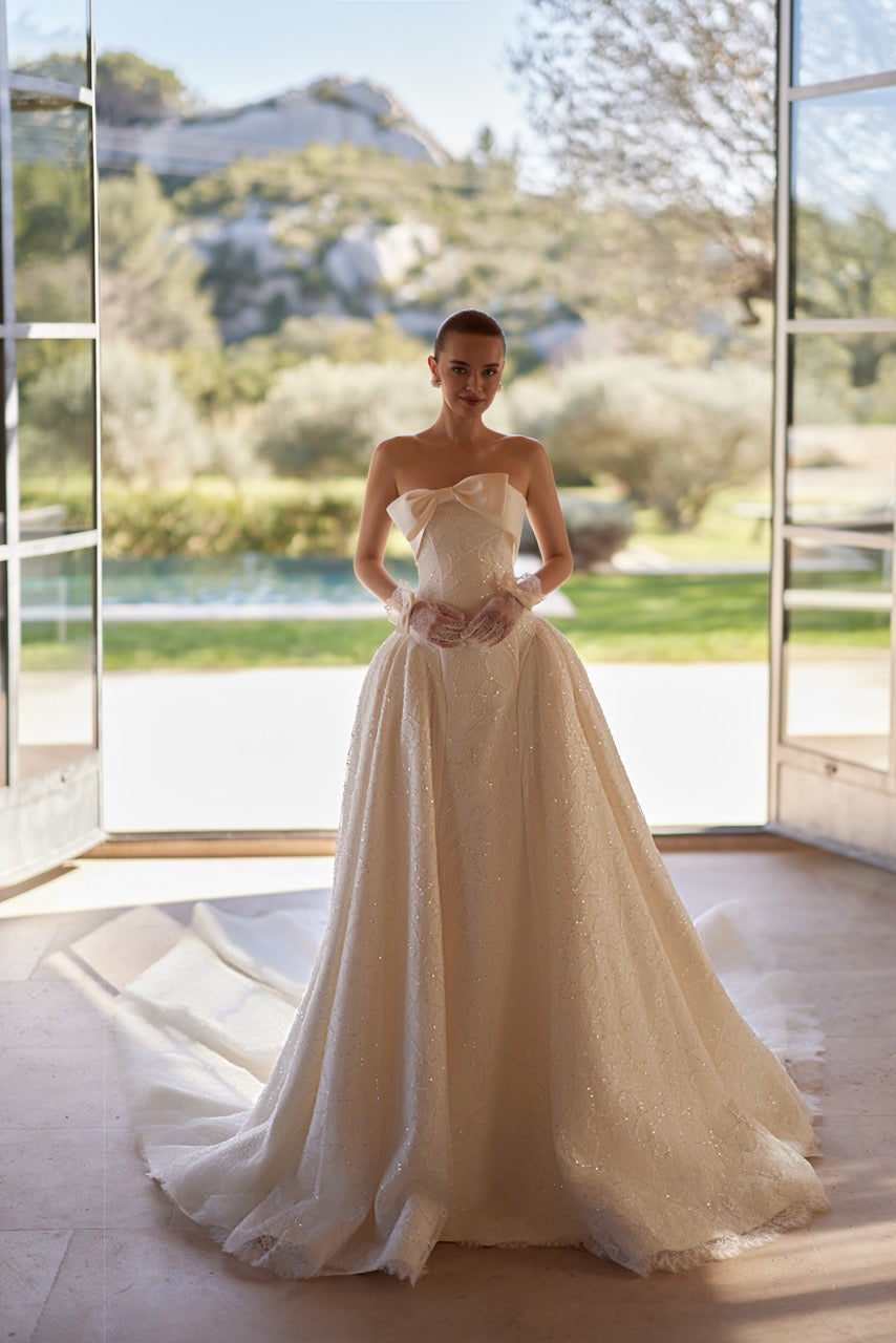 Strapless Beaded Ball Gown Wedding Dress with Bow Neckline