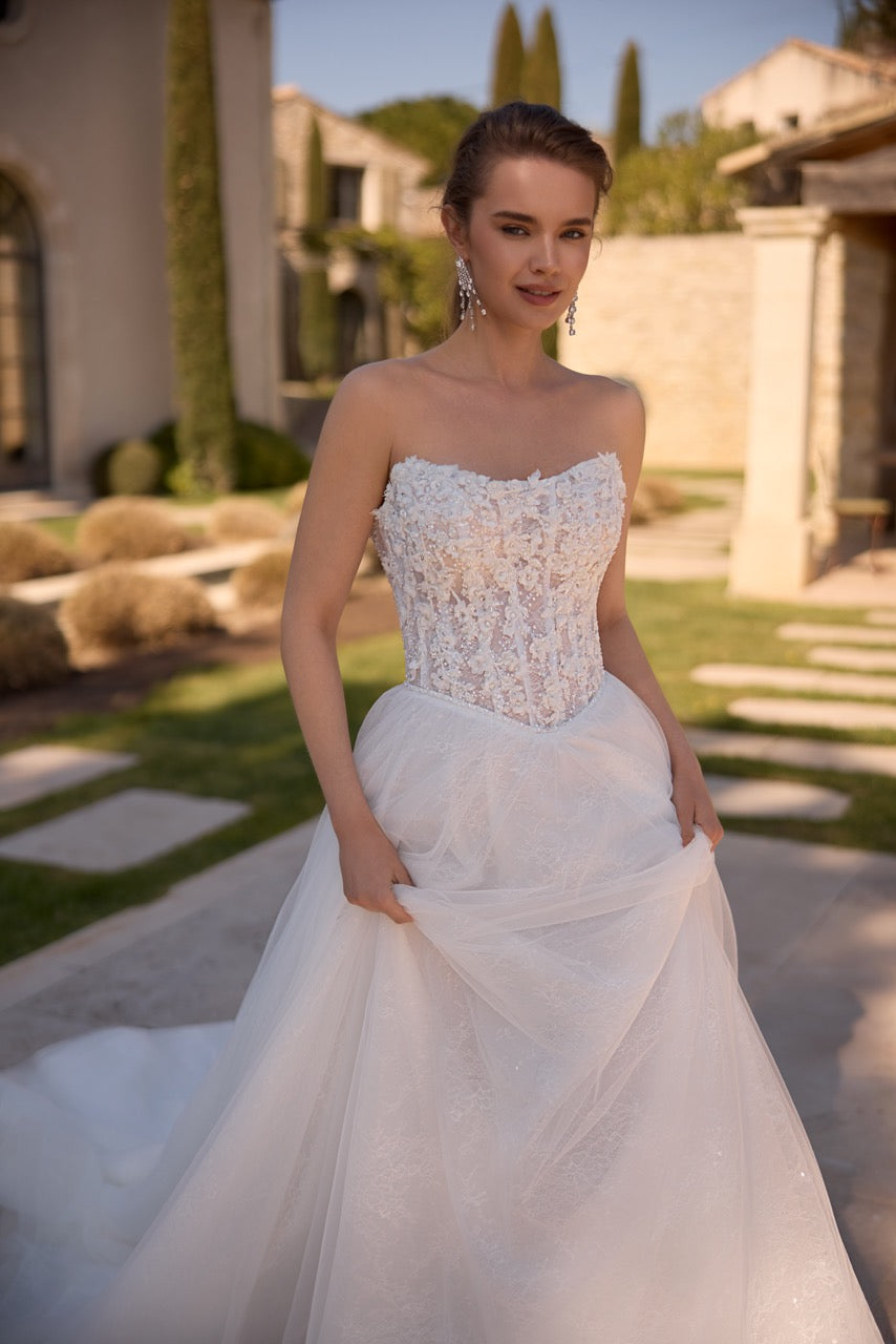 Strapless Floral Lace Ball Gown Wedding Dress with Corset Bodice