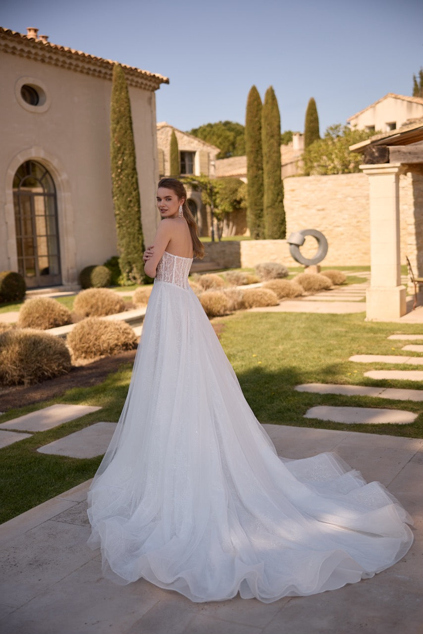Strapless Floral Lace Ball Gown Wedding Dress with Corset Bodice