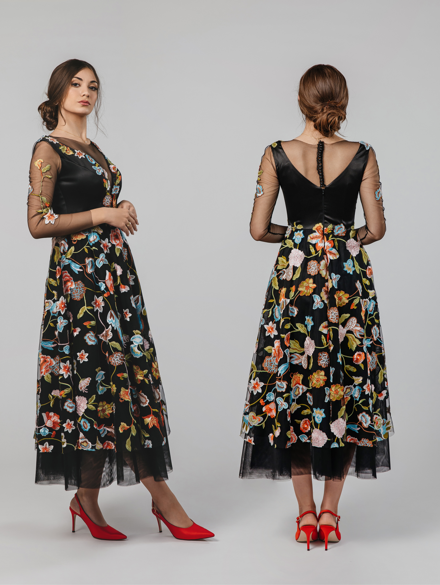 Midi Dress with Floral Embroidery on Black Tulle