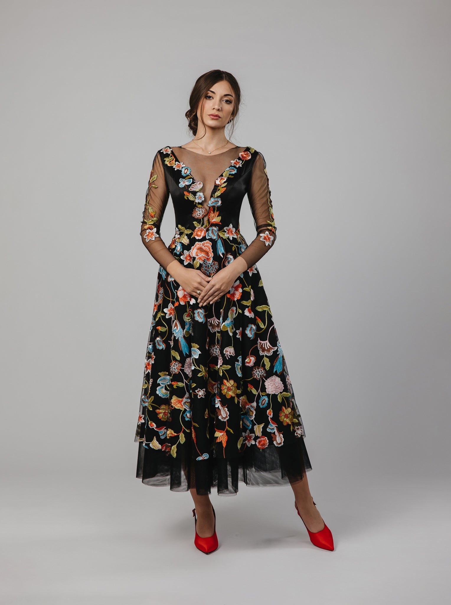 Midi Dress with Floral Embroidery on Black Tulle
