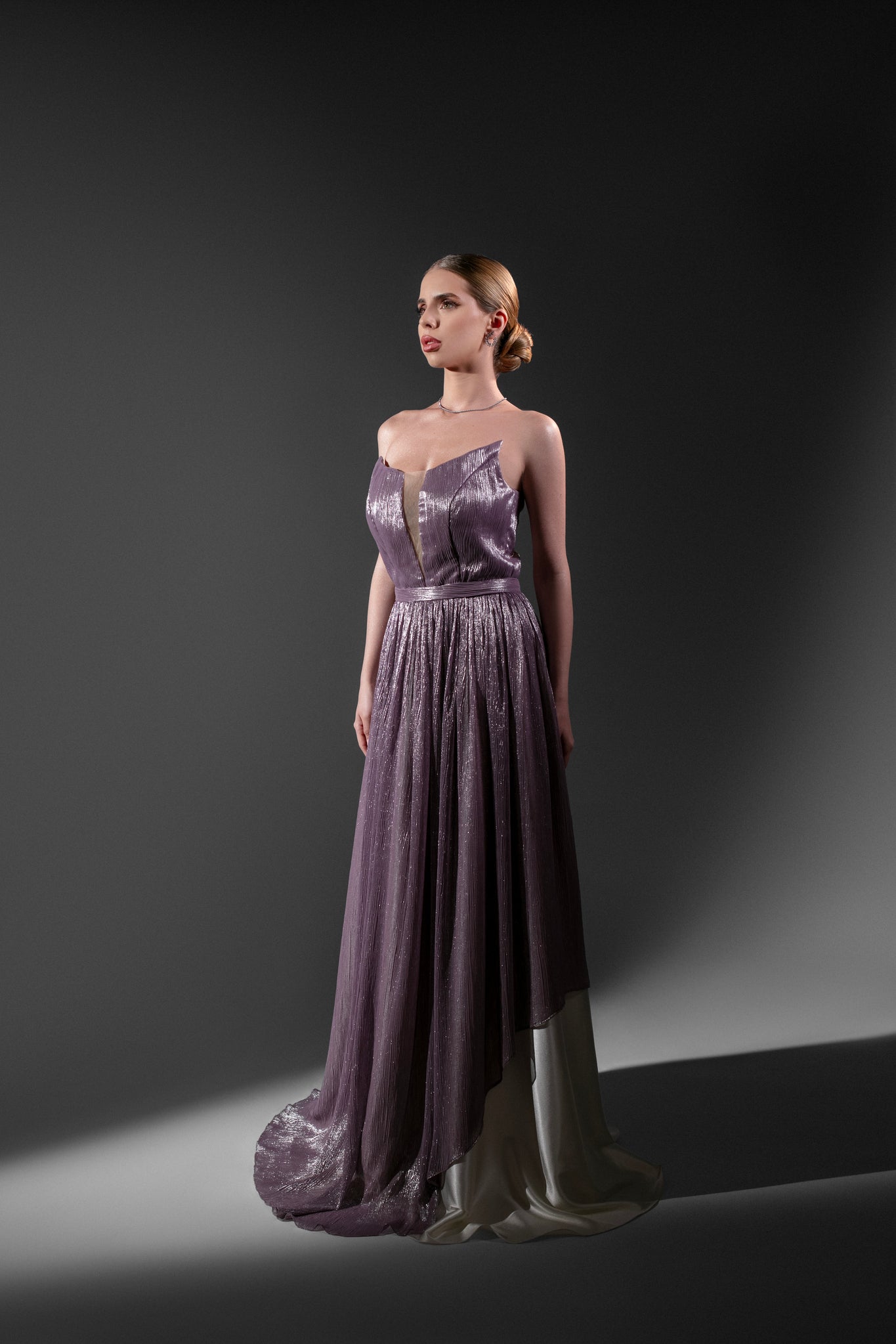 Midi Evening Dress in Silk with Lilac Shades