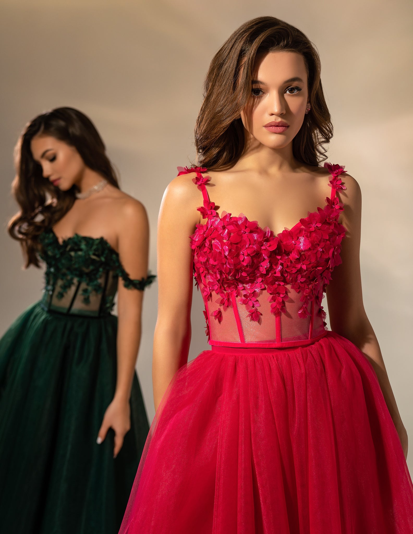 Midi Evening Dress in Tulle with Applied Flowers