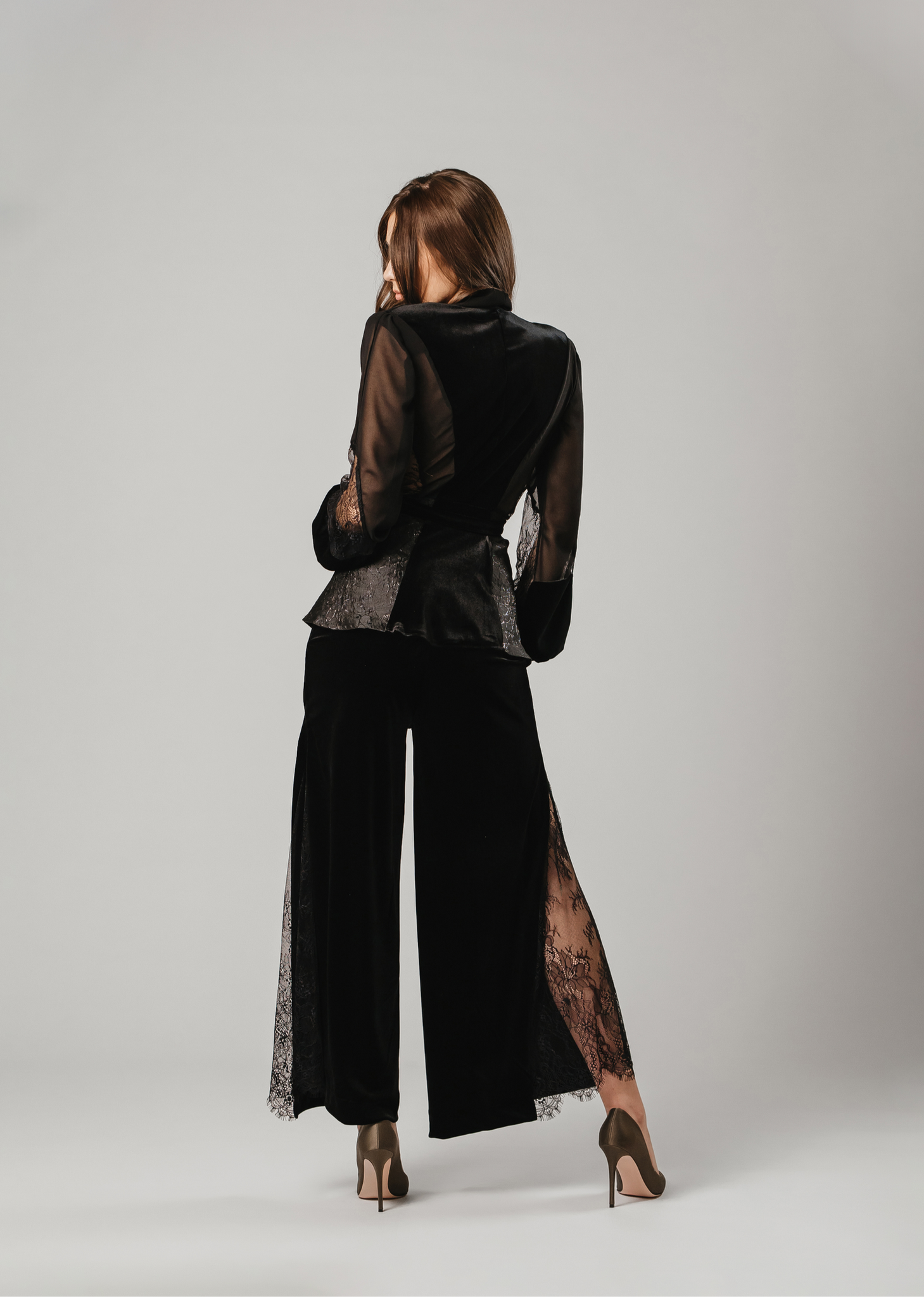 Midi Velvet Pants with Side Chantilly Lace Inserts