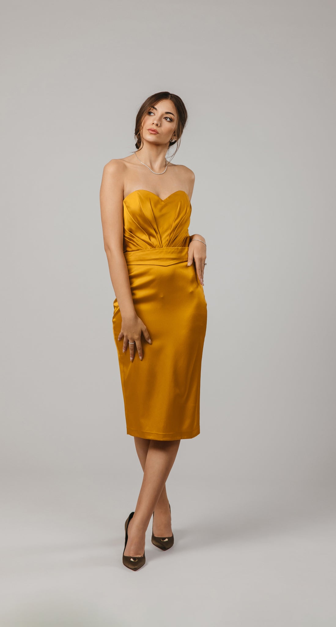 Mustard Satin Midi Pencil Dress