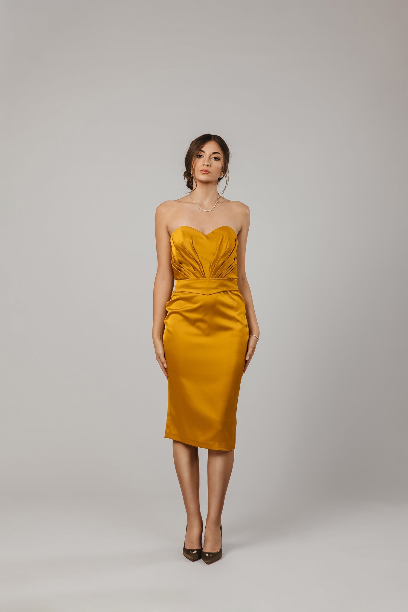 Mustard Satin Midi Pencil Dress