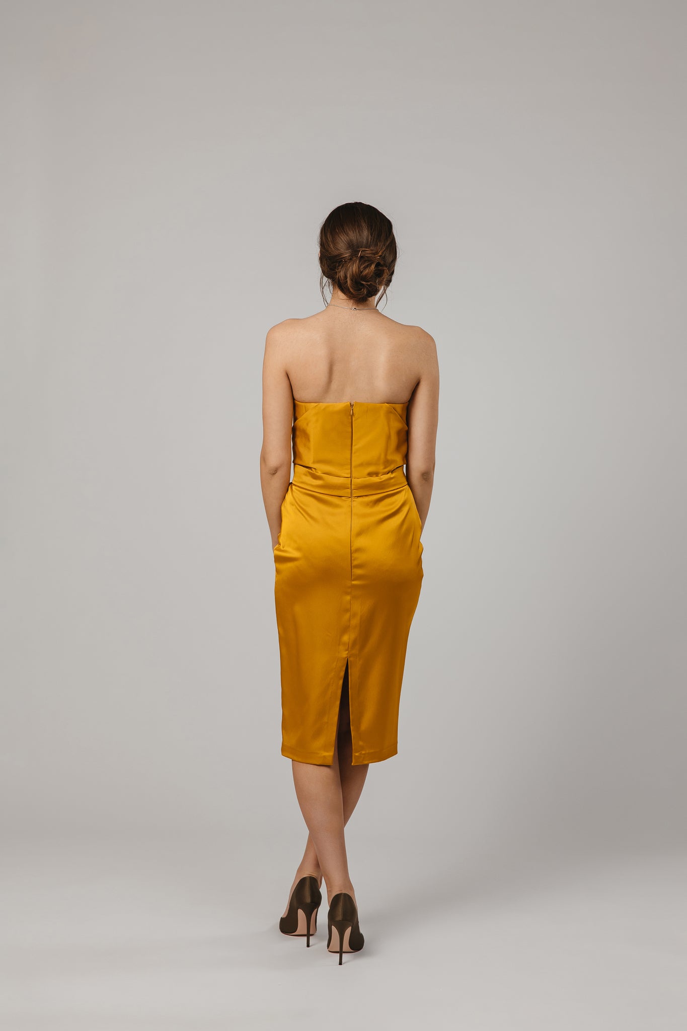 Mustard Satin Midi Pencil Dress