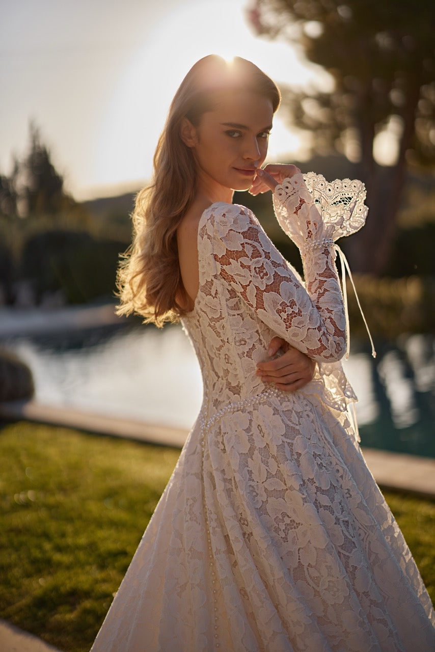 Primrose Floral Lace A-Line Wedding Dress with Long Sleeves and Square Neckline