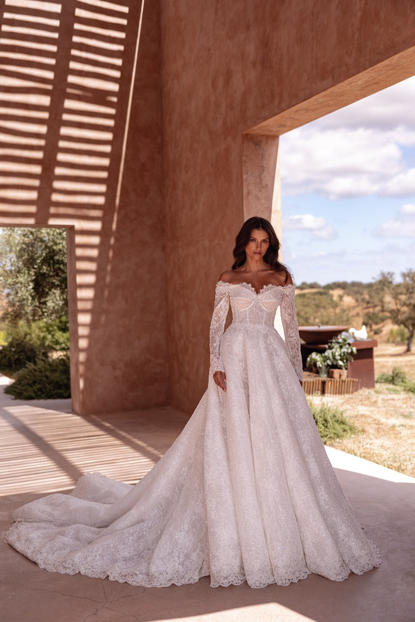 Off-Shoulder Sparkling Lace A-Line Wedding Dress with Long Sleeves
