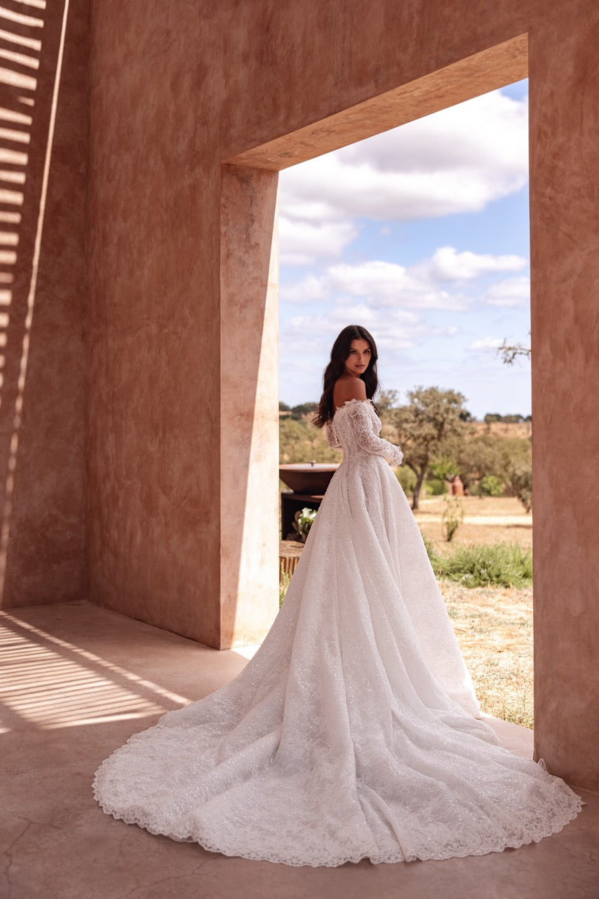 Off-Shoulder Sparkling Lace A-Line Wedding Dress with Long Sleeves