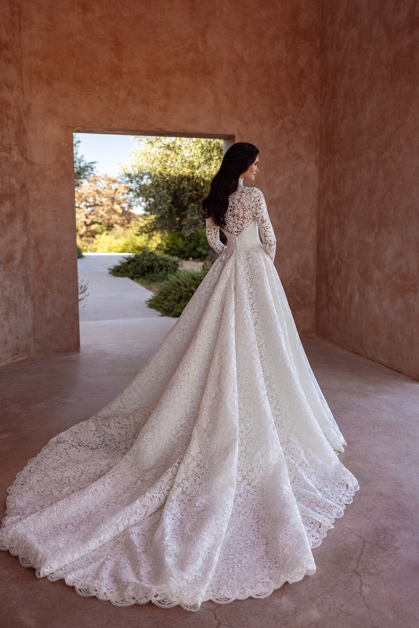 High-Neck Lace Ball Gown Wedding Dress with Long Sleeves and Cathedral Train