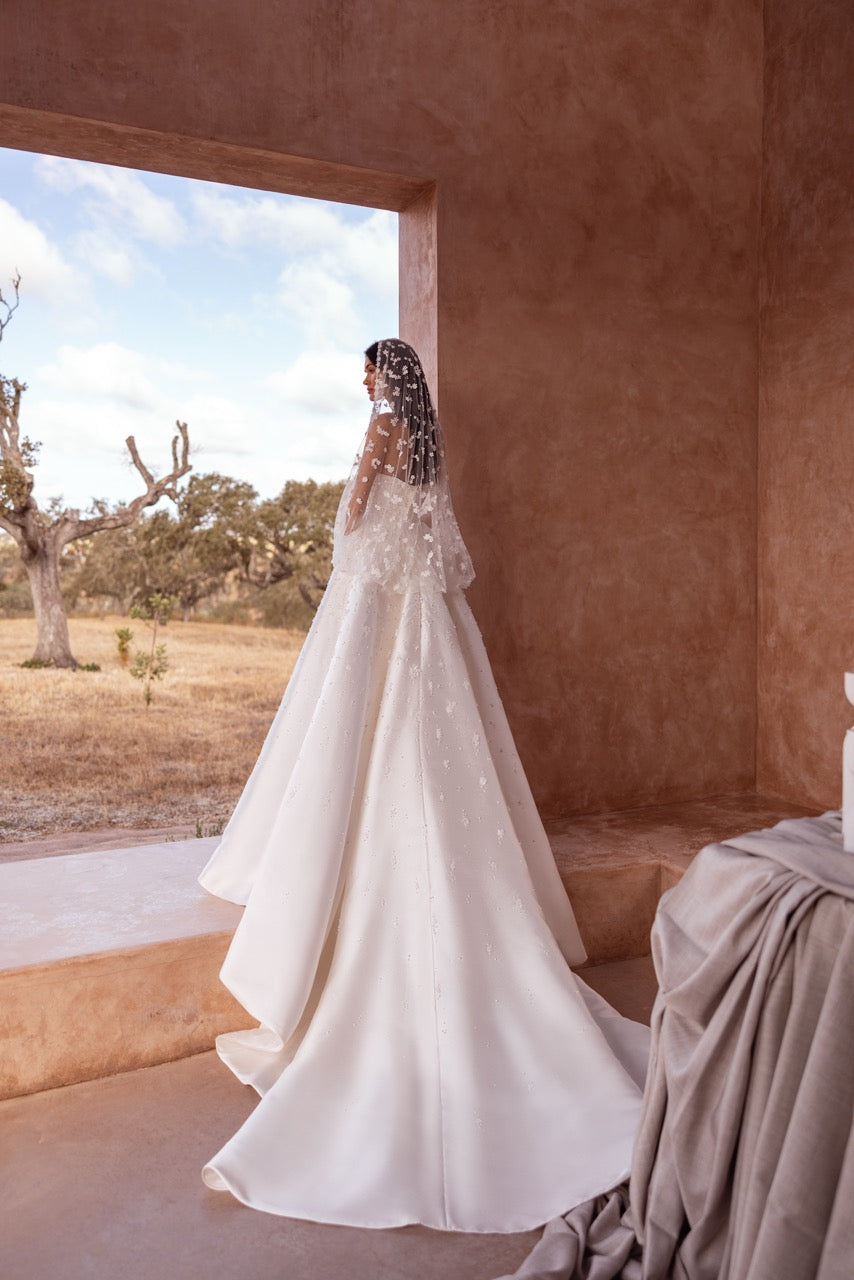 Strapless Pearl-Beaded Ball Gown Wedding Dress with Floral Embellishments