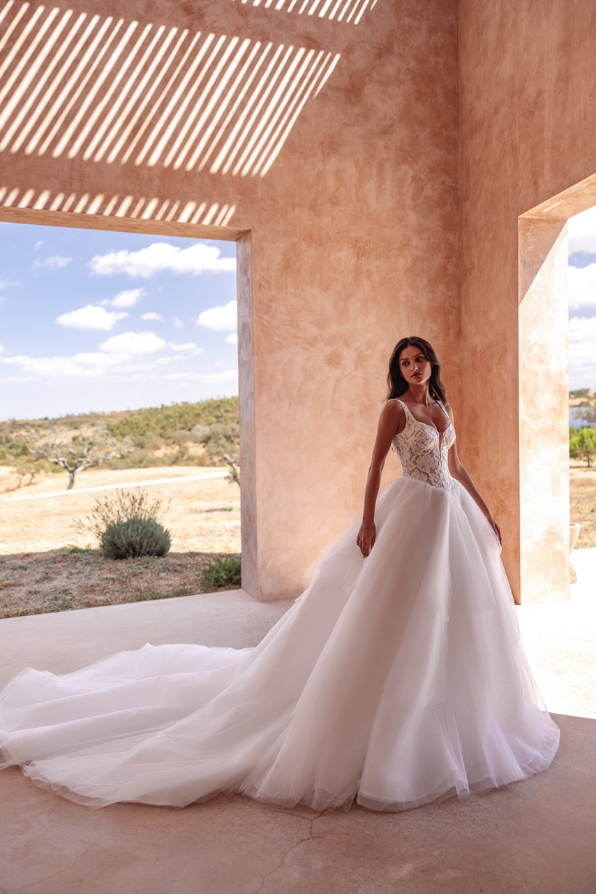 High-Neck Lace Ball Gown Wedding Dress with Bodice and Long Sleeves