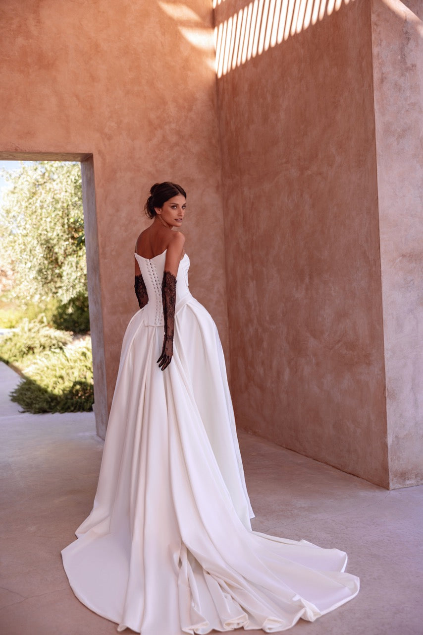 Strapless Ball Gown Wedding Dress with Black Bow and Corset