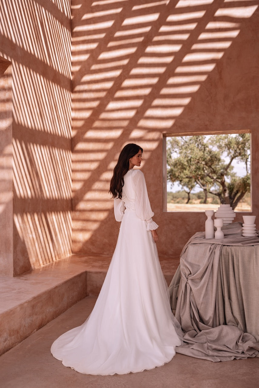 Long-Sleeve Pleated Chiffon A-Line Wedding Dress with Ruffle Details