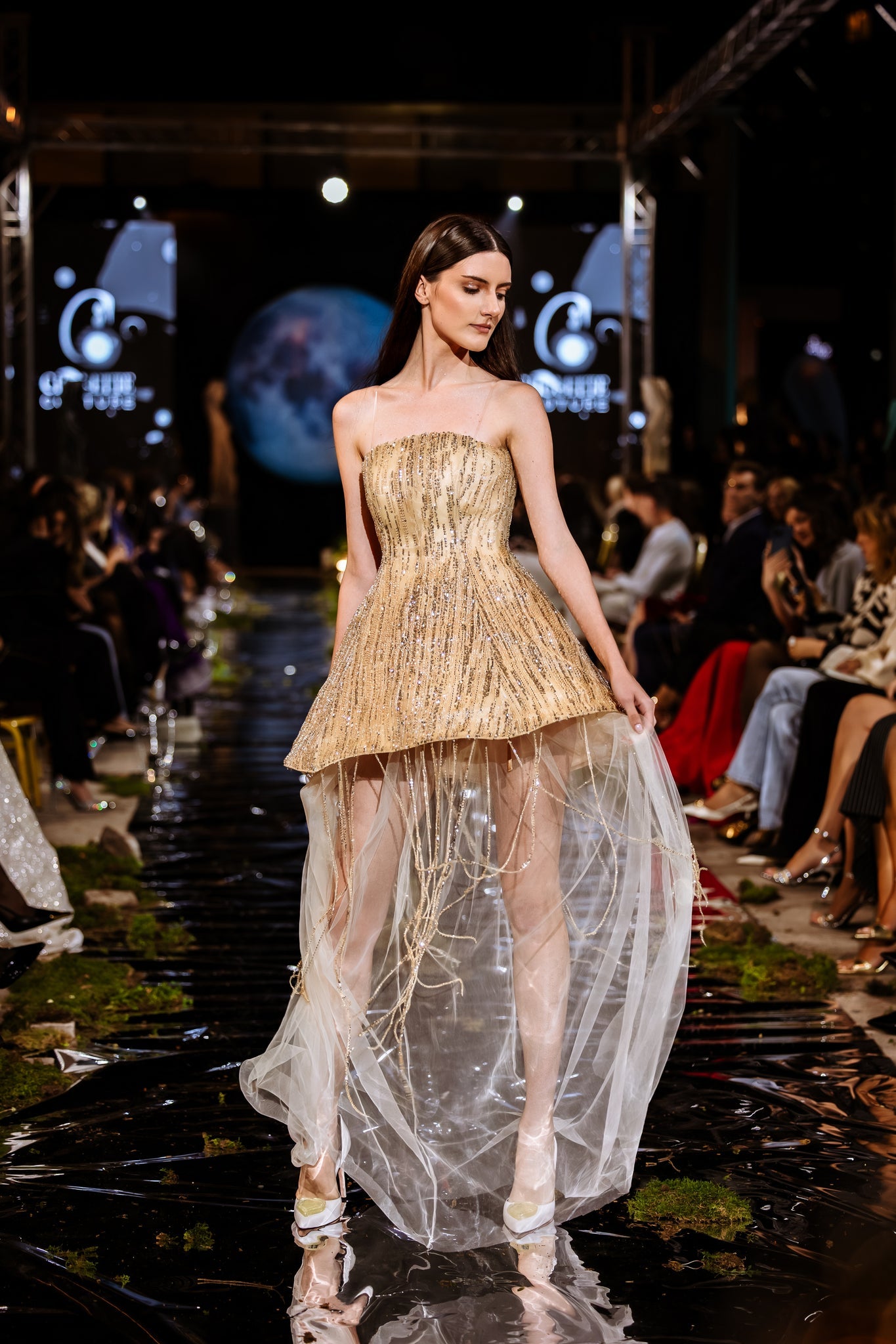 SHORT GOLD DRESS WITH SEQUINS AND LONG SHEER TUL SKIRT