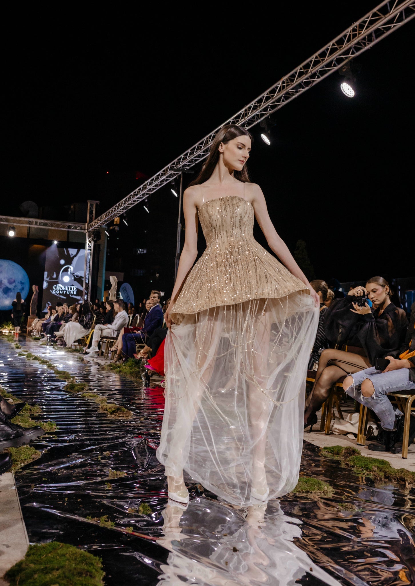 SHORT GOLD DRESS WITH SEQUINS AND LONG SHEER TUL SKIRT
