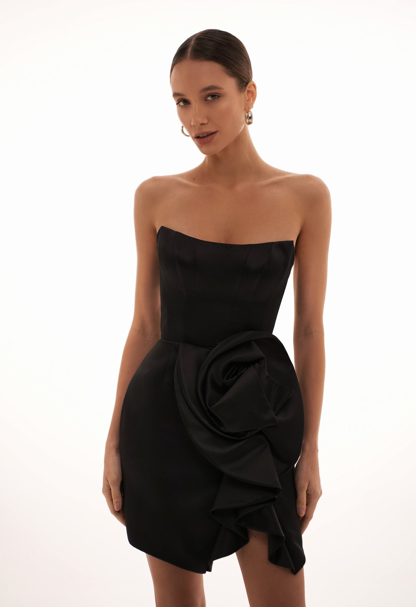 Short Black Evening Dress with Side Train and Flower Detail
