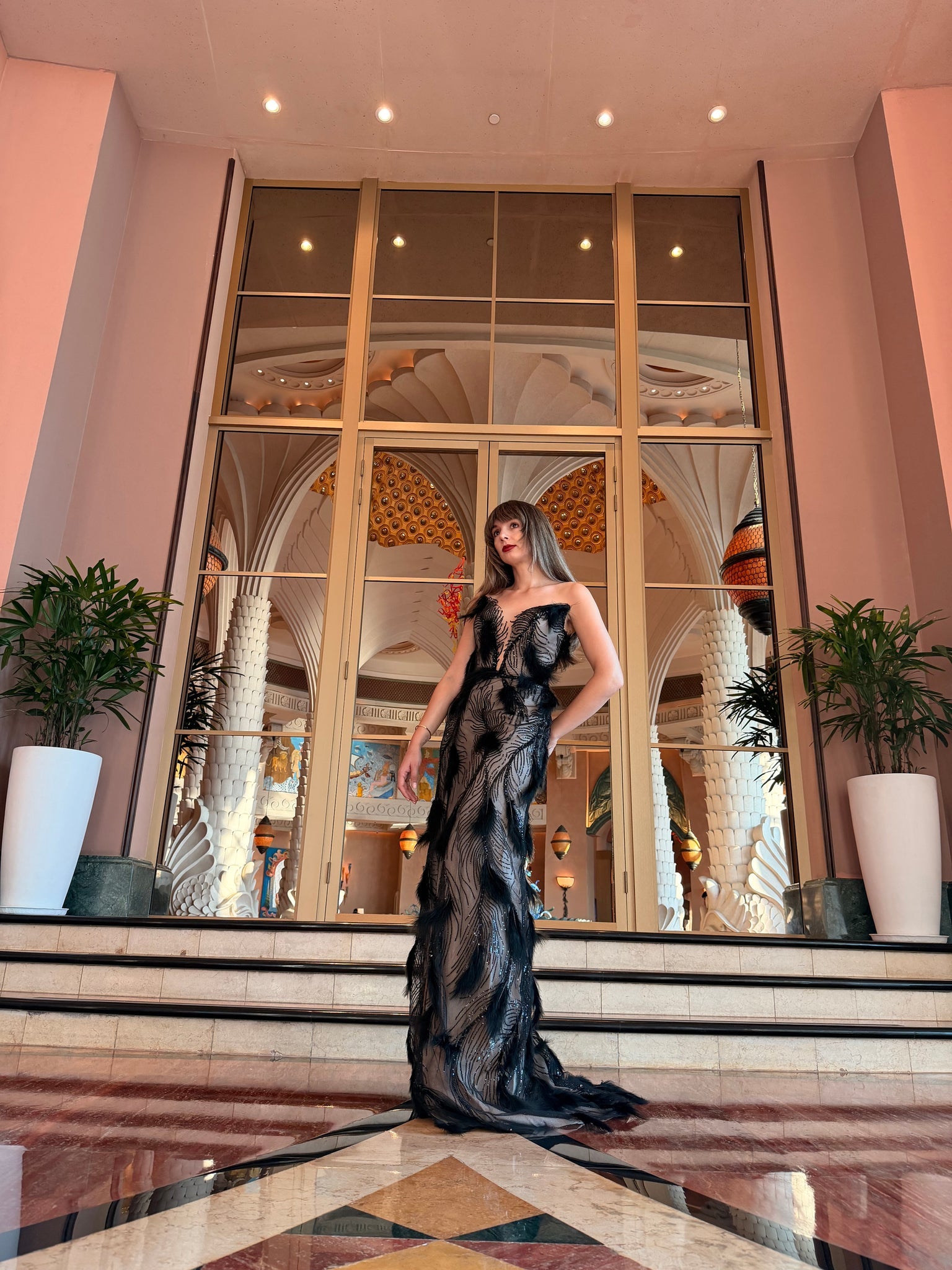 Straight Feathered Dress with Slit