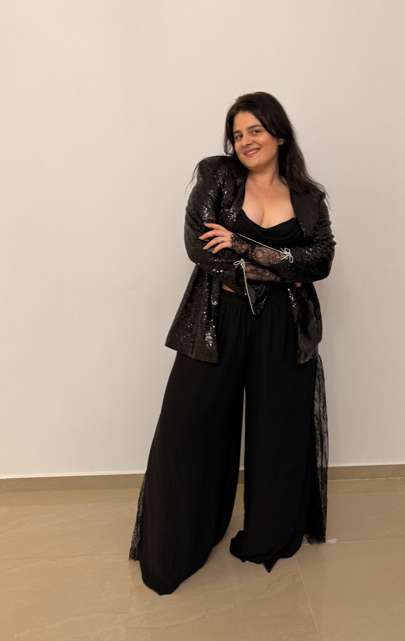 Straight Jacket with Sequins and Bow-Style Appliqués at the Cuff, Plus Size