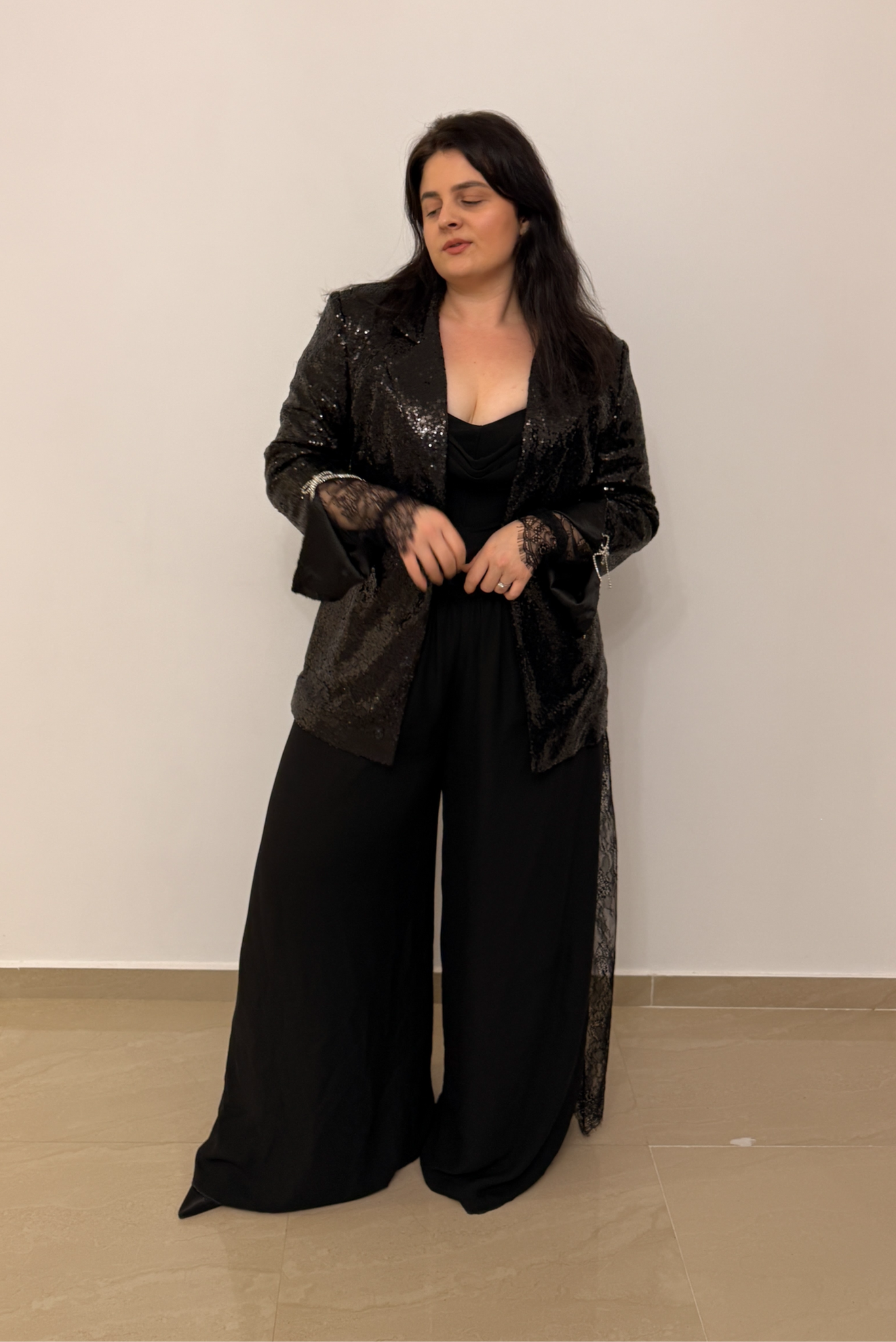 Straight Jacket with Sequins and Bow-Style Appliqués at the Cuff, Plus Size
