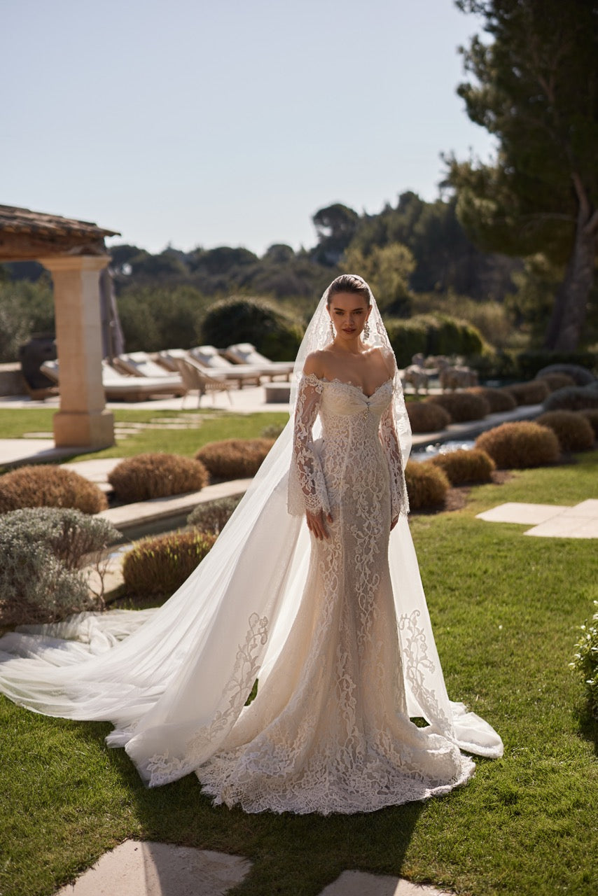 Off-Shoulder Lace Mermaid Wedding Dress with Detachable Overskirt