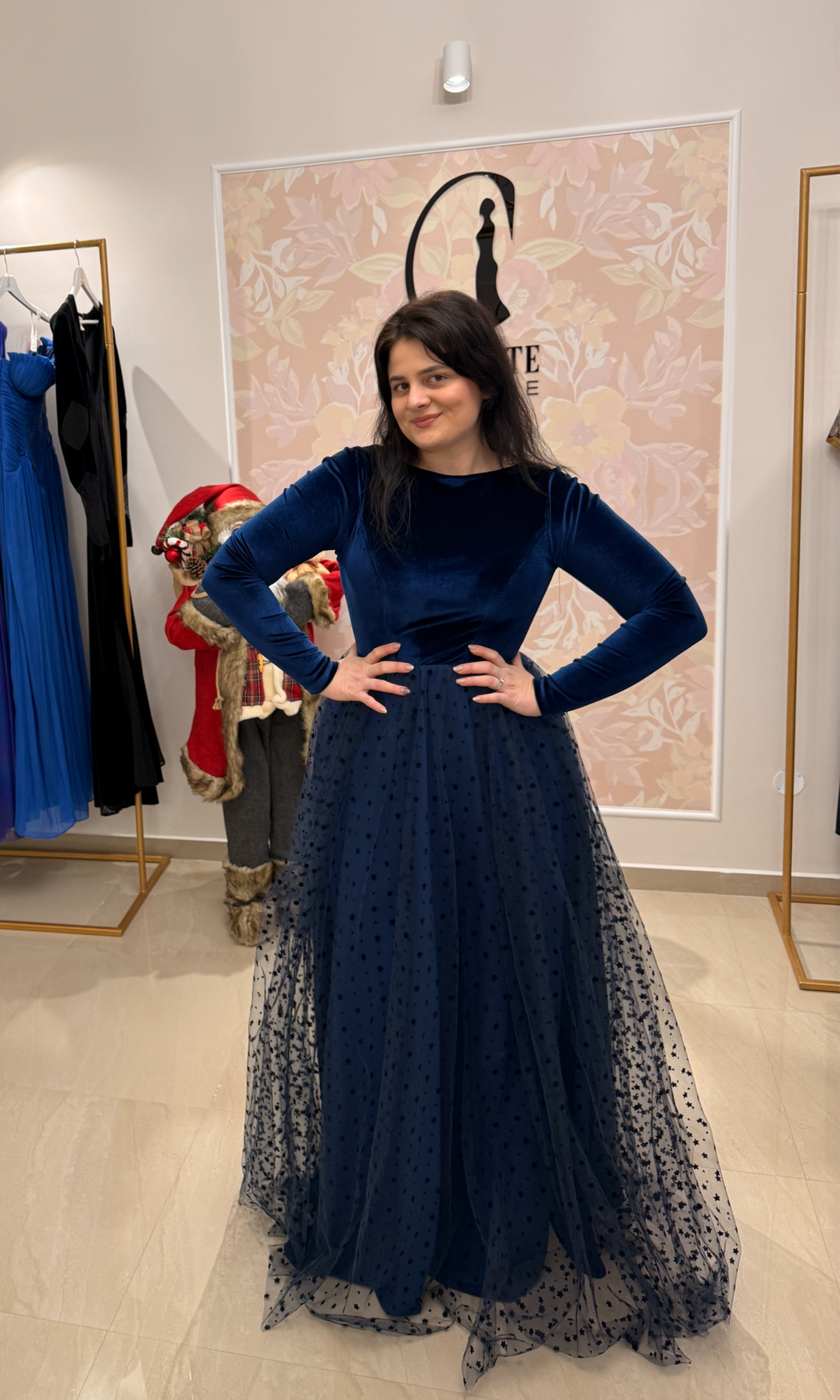 Velvet Dress with Tulle Skirt and Appliqués