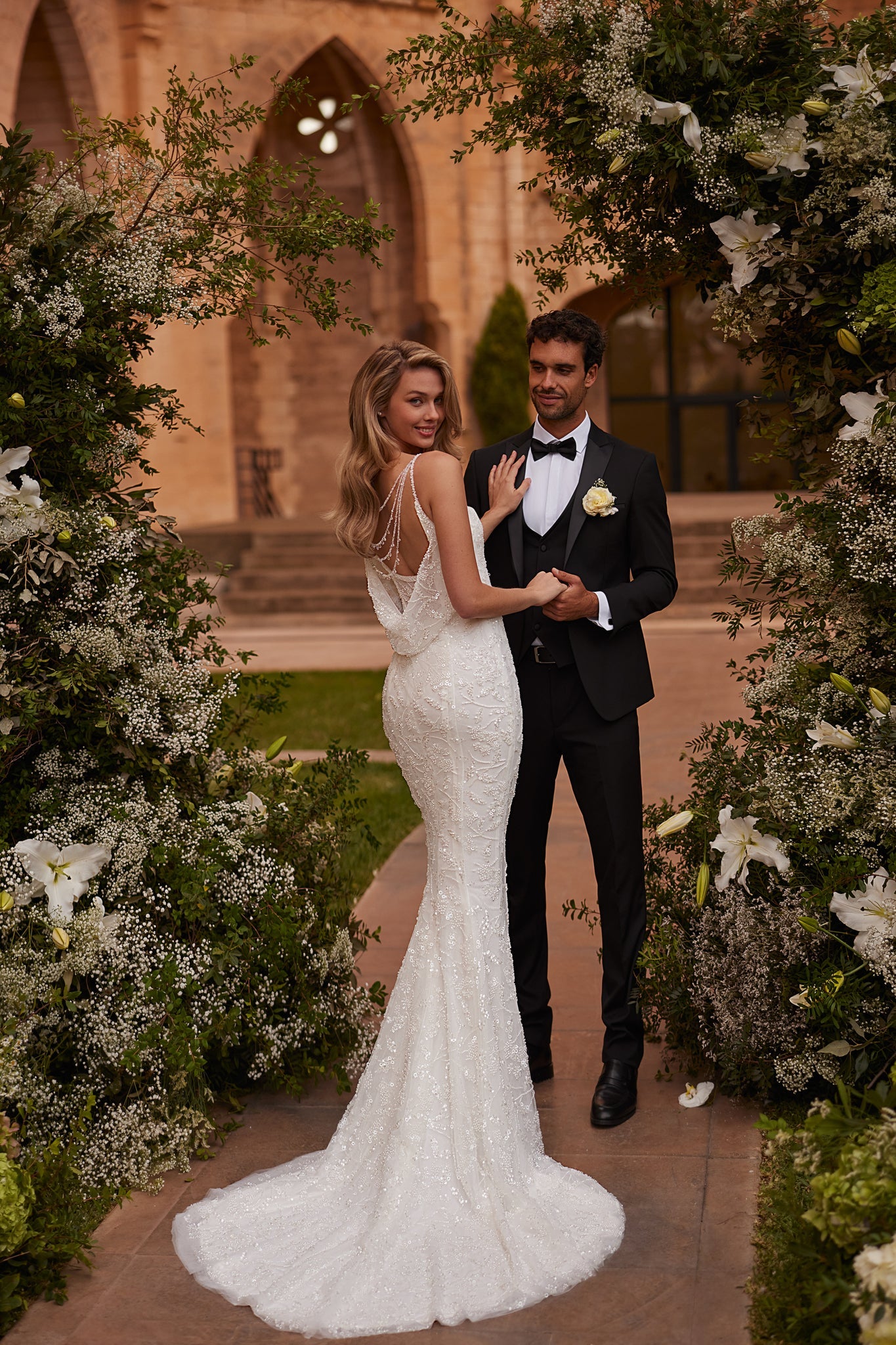 WEDDING DRESS FULLY DECORATED WITH PEARLS, BEADS, AND SEQUINS