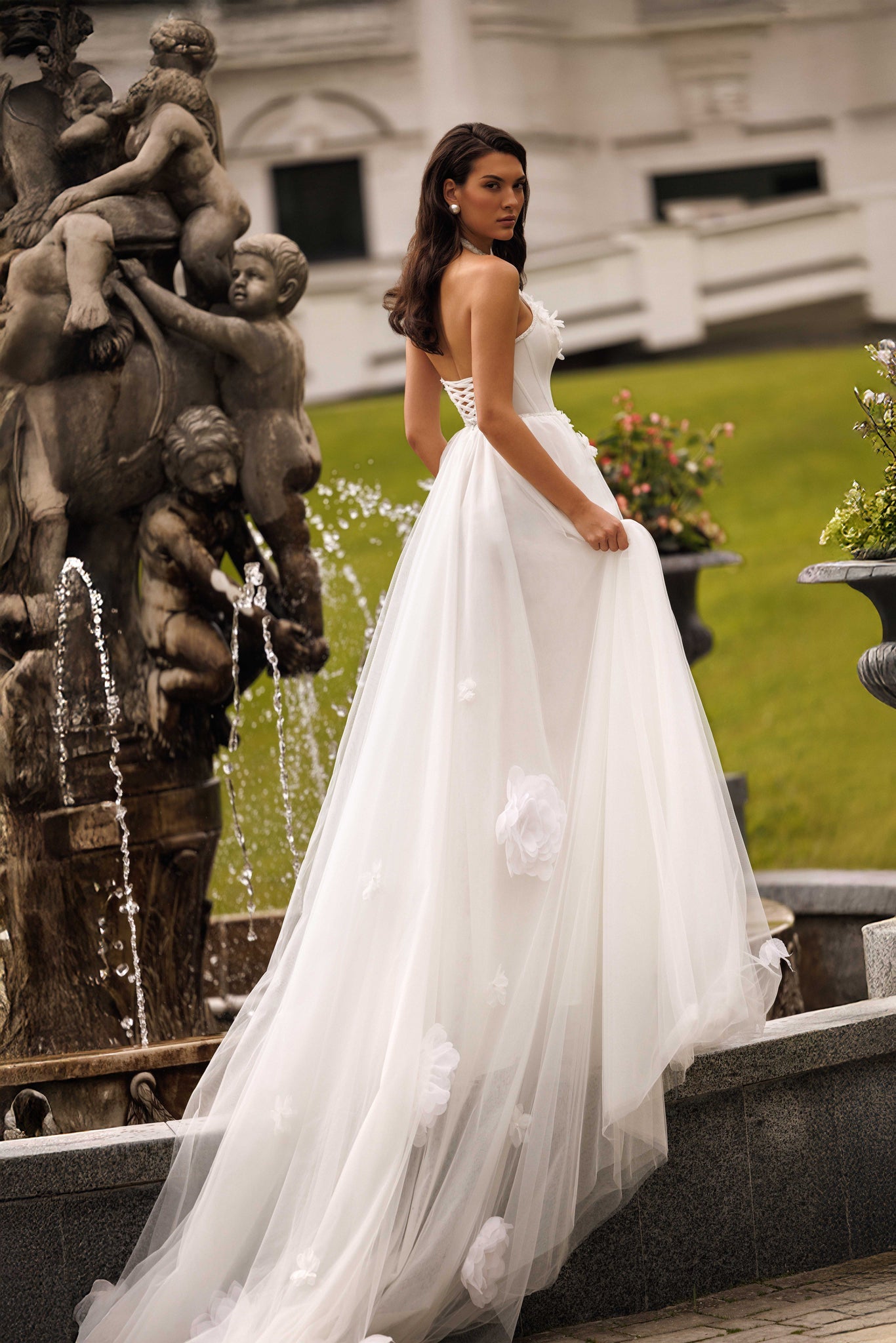 WEDDING DRESS WITH HIGH COLLAR AND 3D FLORAL EMBELLISHMENTS