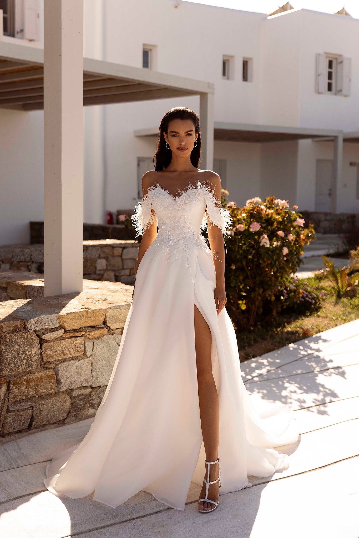 Wedding Dress in Organza with Feathers
